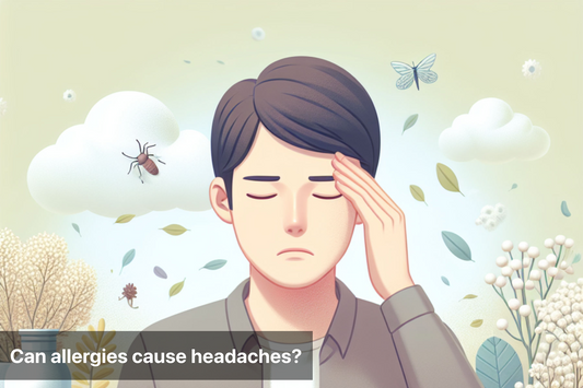 A young man with a headache surrounded by allergy triggers like pollen and insects.