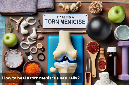 Natural healing methods for a torn meniscus with herbs and therapy tools.