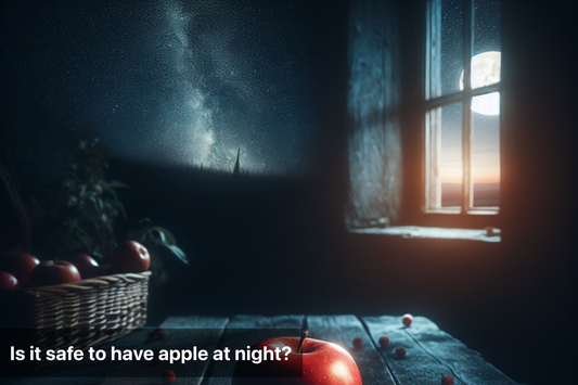 A serene night scene featuring an apple on a table by a window