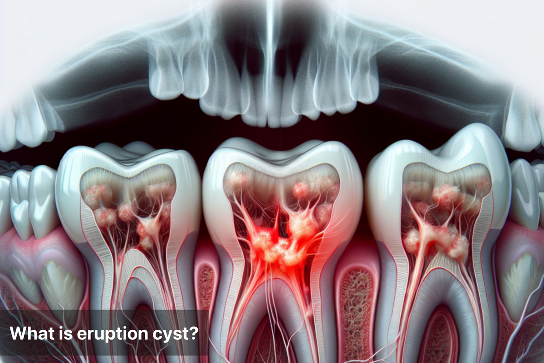 Illustration of eruption cysts on teeth with highlighted areas.