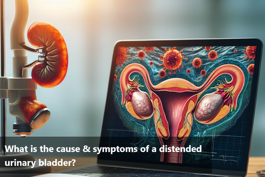 What is the cause & symptoms of a distended urinary bladder?