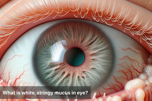 Close-up of an eye showing white stringy mucus discharge.