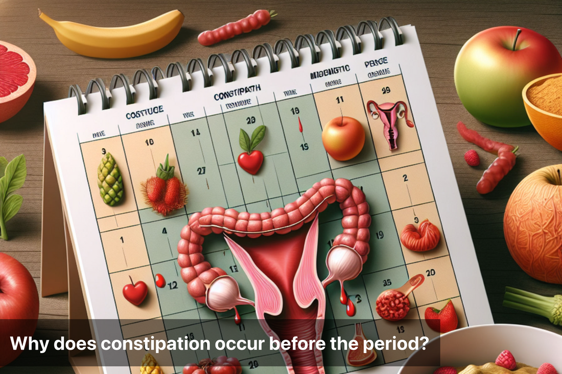 Illustrative calendar showing menstrual cycle and digestive health with fruits